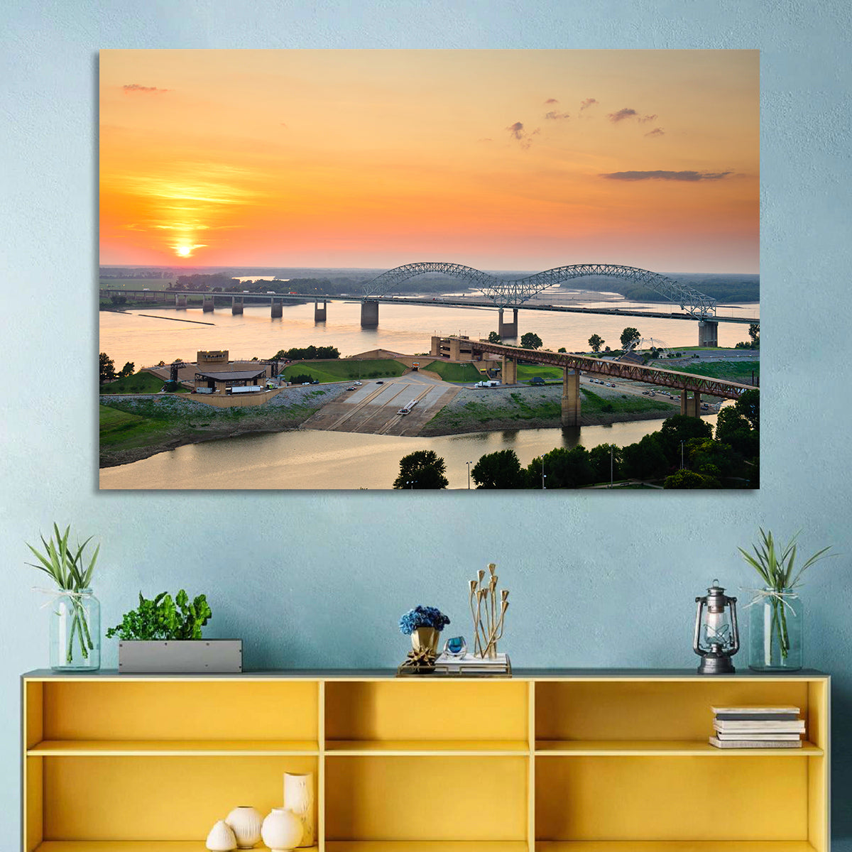 Hernando De Soto Bridge at Sunset Wall Art in a room, landscape