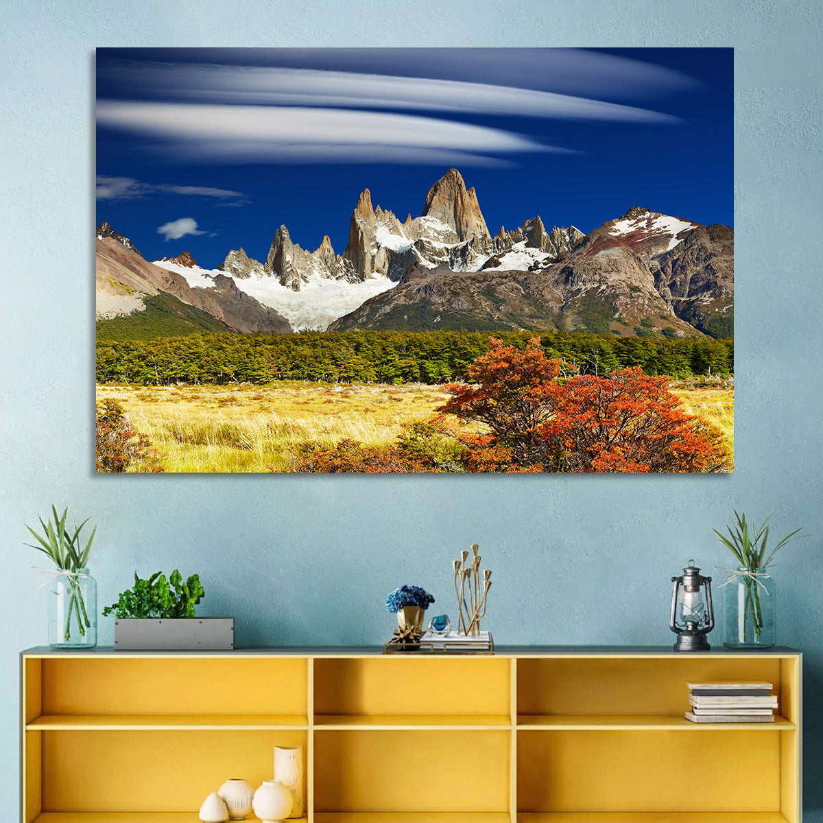 Fitz Roy Peaks, El Chaltén Wall Art in a room, landscape