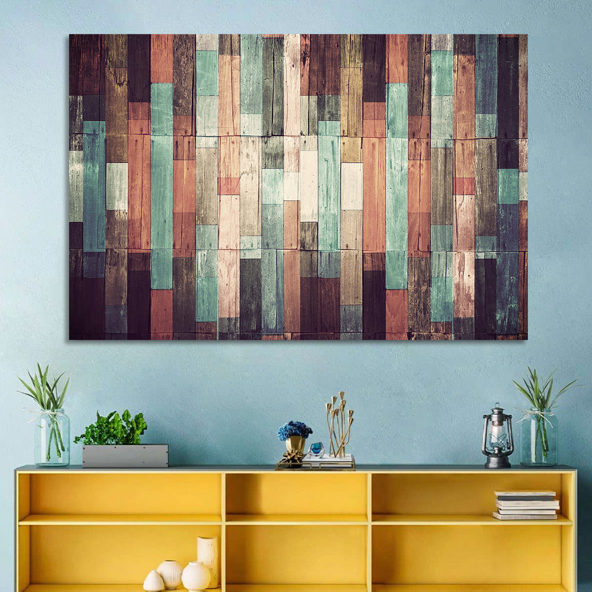 Sound Waves Wood Planks Wall Art in a room, landscape