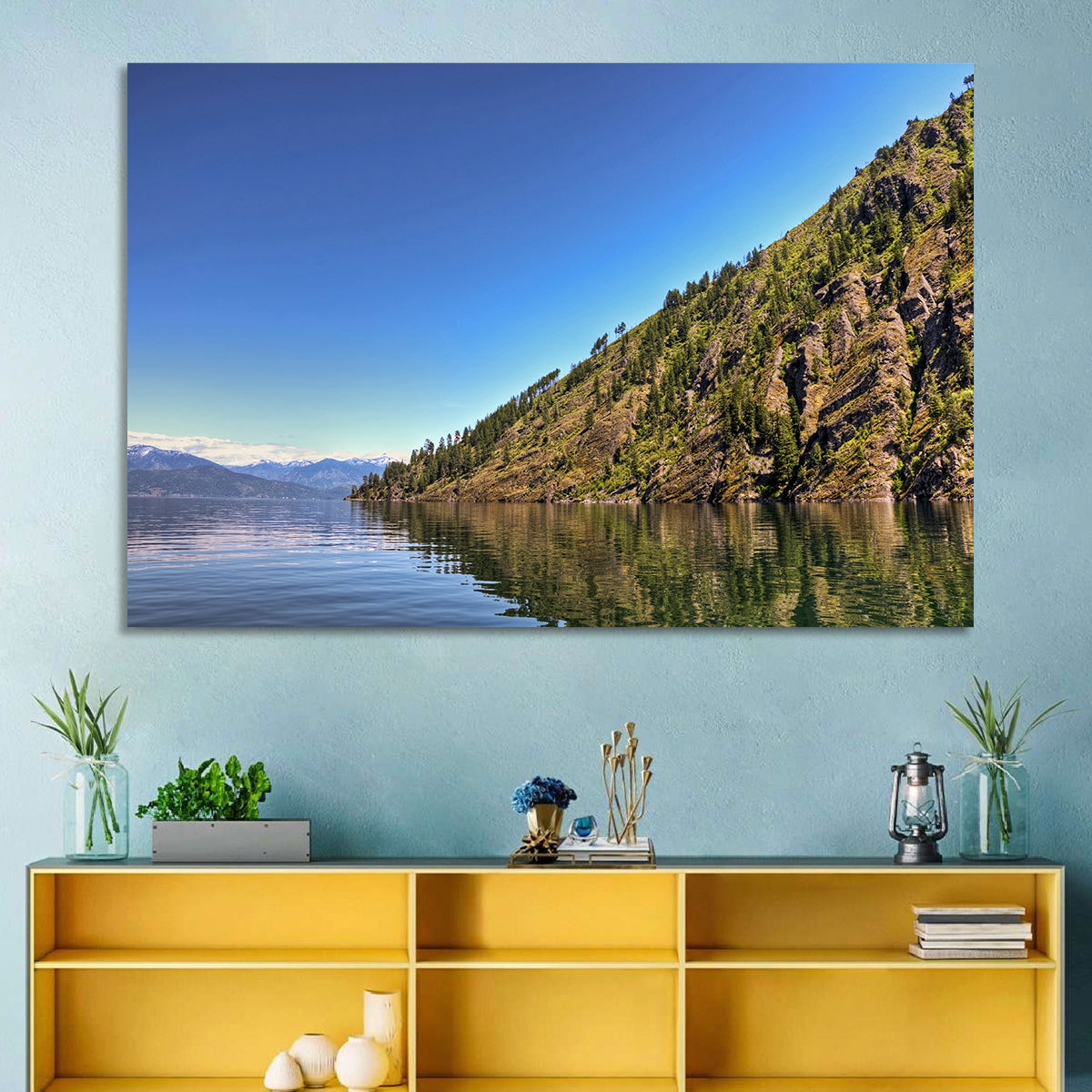 Monarch Mountains Lake Wall Art in a room, landscape