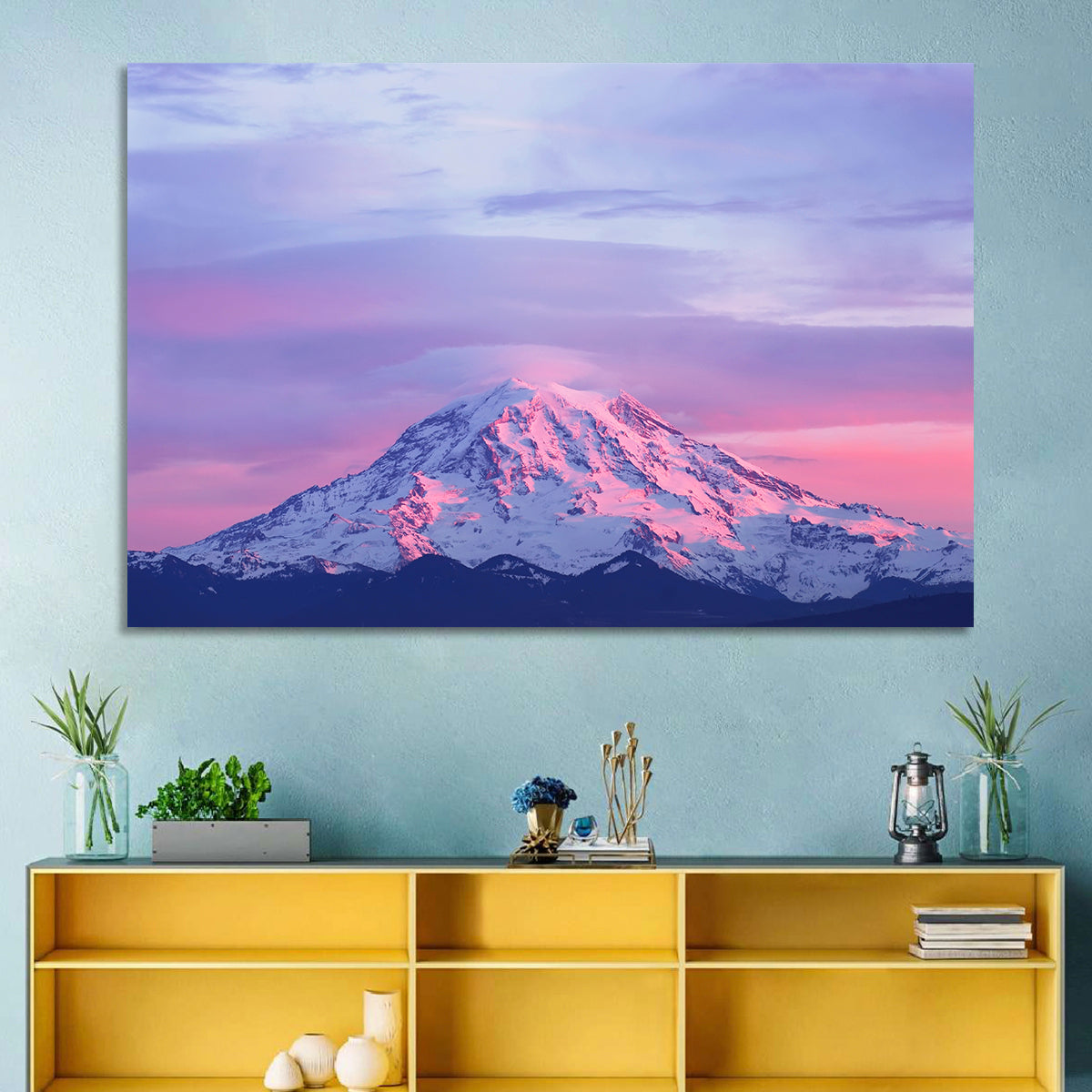 Mount Rainier Alpenglow with Lenticular Cloud Wall Art in a room, landscape