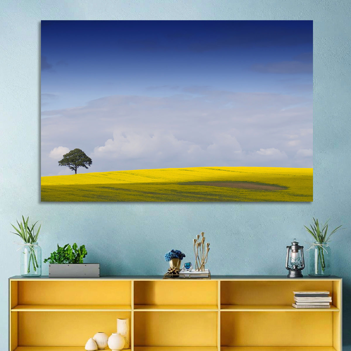 Solitary Tree Over Rapeseed Field Wall Art in a room, landscape