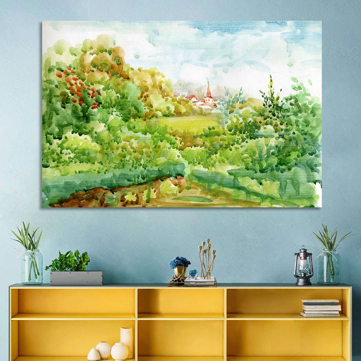 Red Steeple Village Watercolor Wall Art in a room, landscape