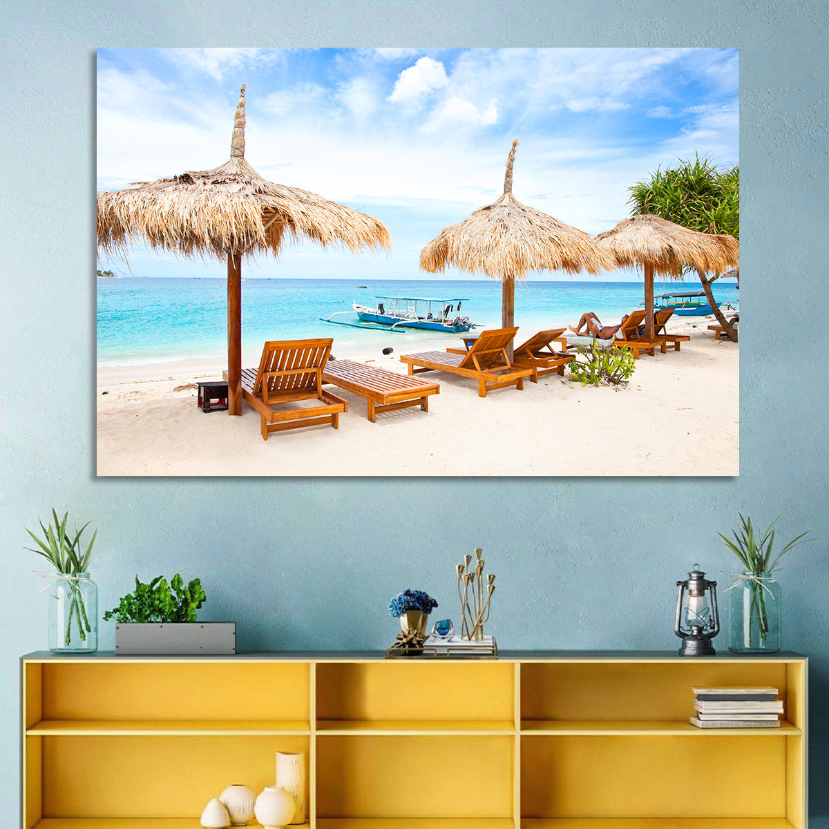 Gili Meno Beach with Thatched Umbrellas Wall Art