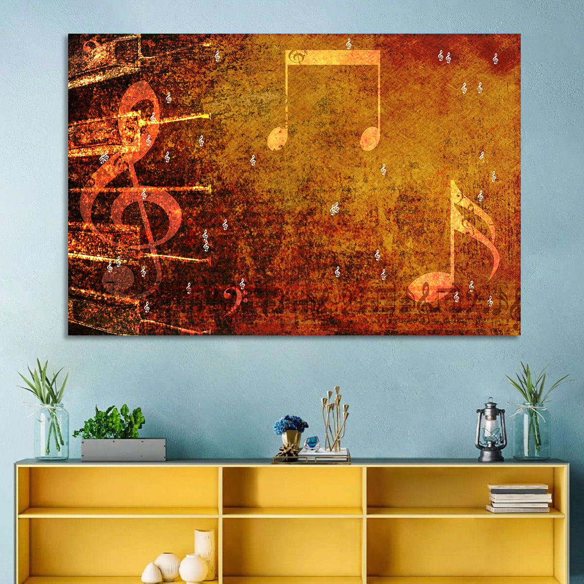 Grunge Sheet Music Collage Wall Art in a room, landscape