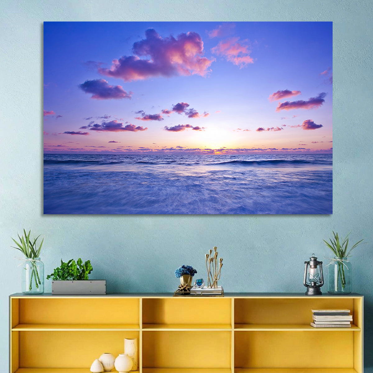 Mediterranean Sunset Wall Art in a room, landscape