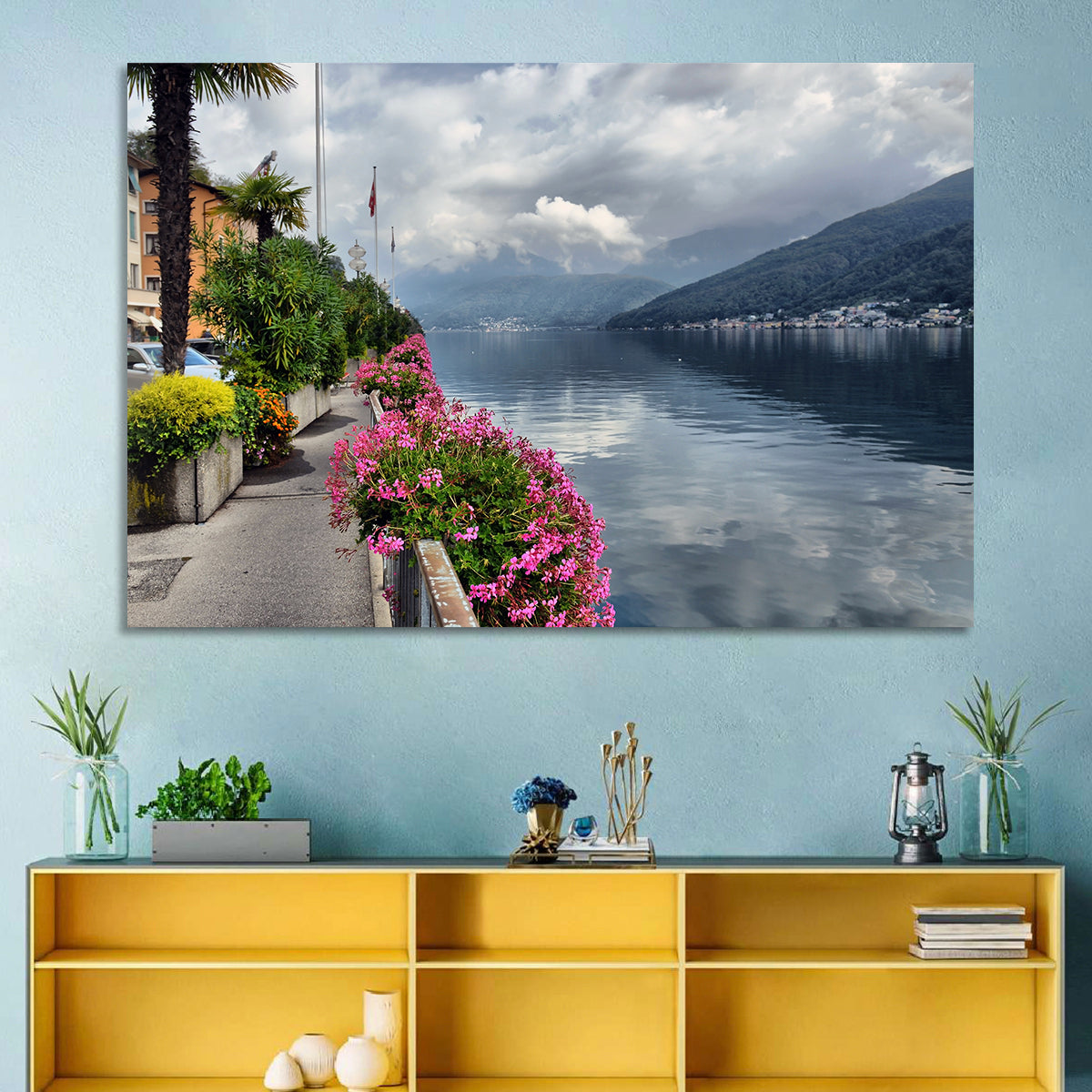 Lake Lugano Floral Walkway Wall Art in a room, landscape