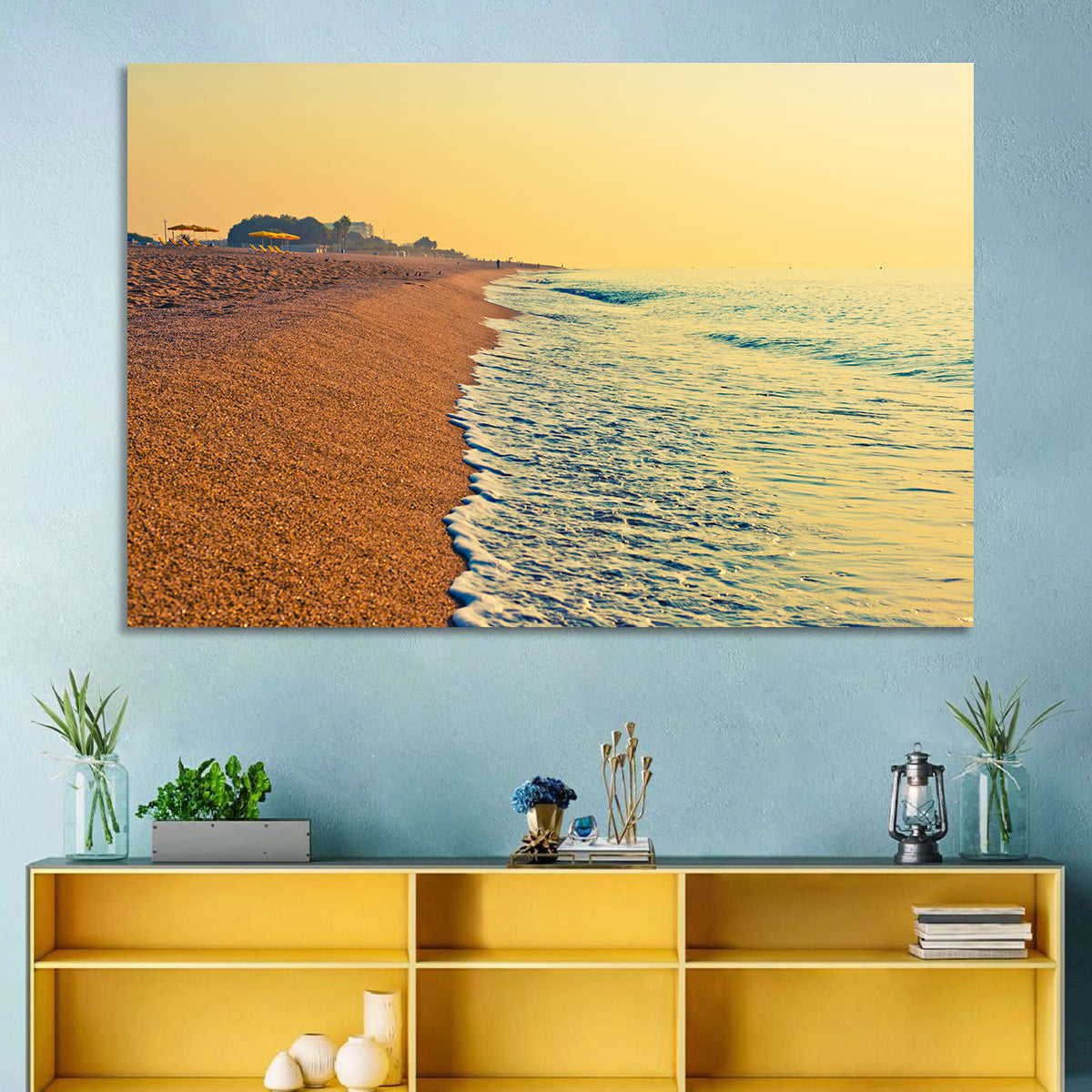 Tranquil Beach Sunrise Wall Art in a room, landscape
