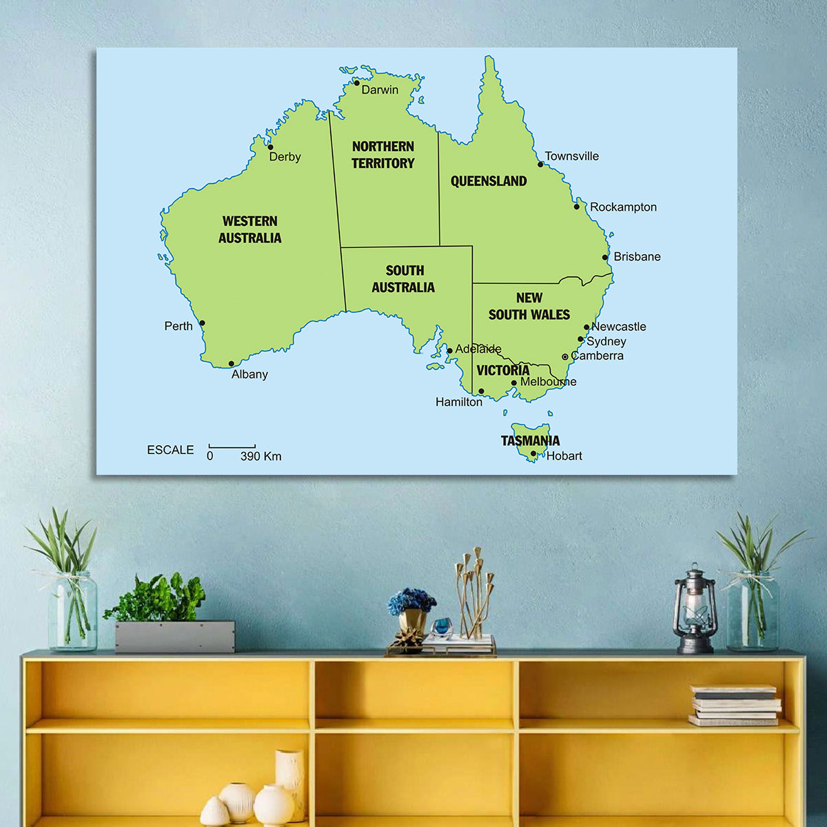 Minimalist Australia Map with State Labels Wall Art in a room, landscape