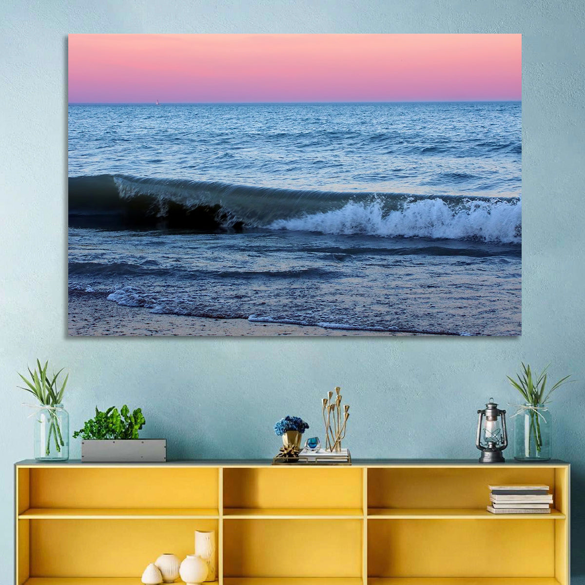 Lake Michigan Sunset with Sailboat Wall Art in a room, landscape