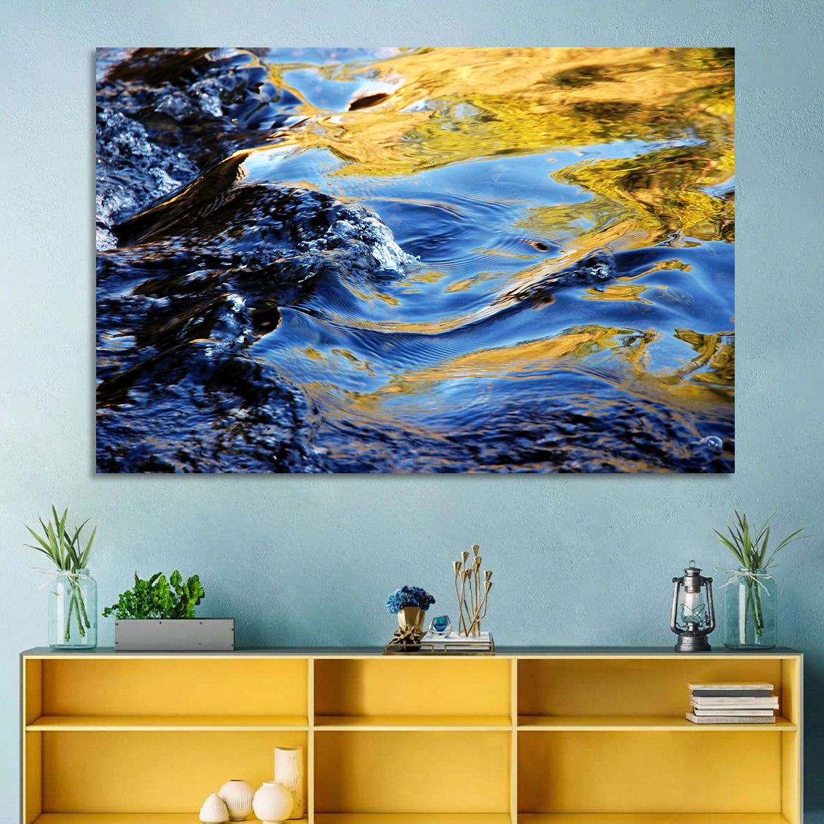 Flowing Stream with Golden Reflections Wall Art in a room, landscape