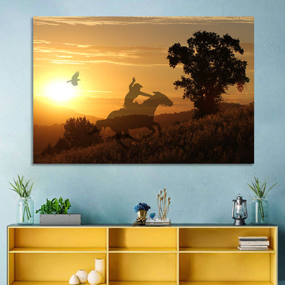 Cowboy Silhouette at Golden Sunset Wall Art