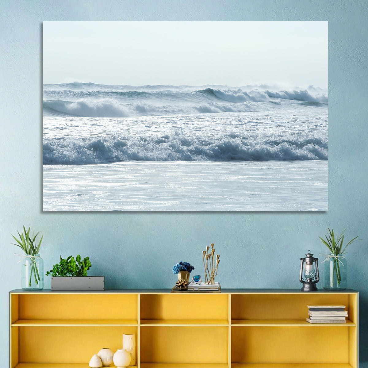 Misty Horizon Ocean Waves Wall Art in a room, landscape