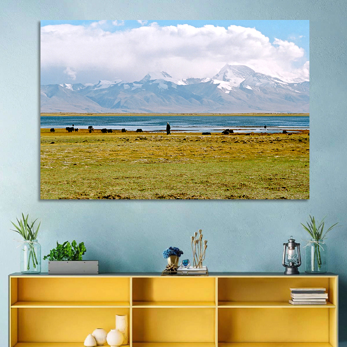 Mount Kailash from Lake Manasarovar Wall Art in a room, landscape
