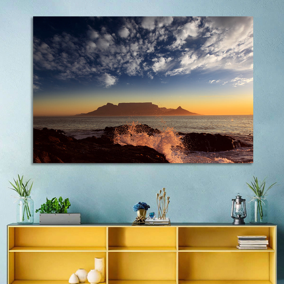 Table Mountain Sunset Silhouette Wall Art in a room, landscape