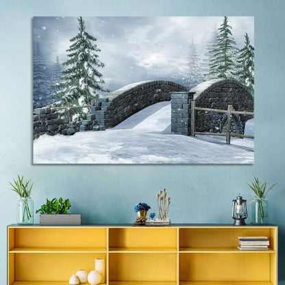 Snowy Stone Bridge in Winter Forest Wall Art