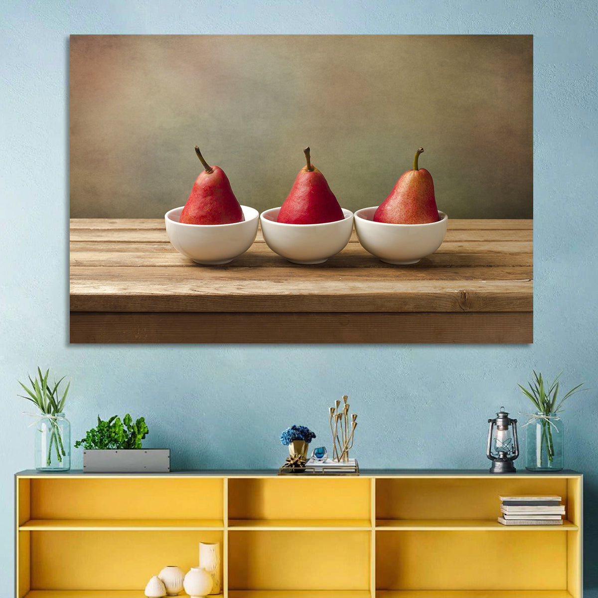 Three Red Pears in Bowls Wall Art in a room, landscape