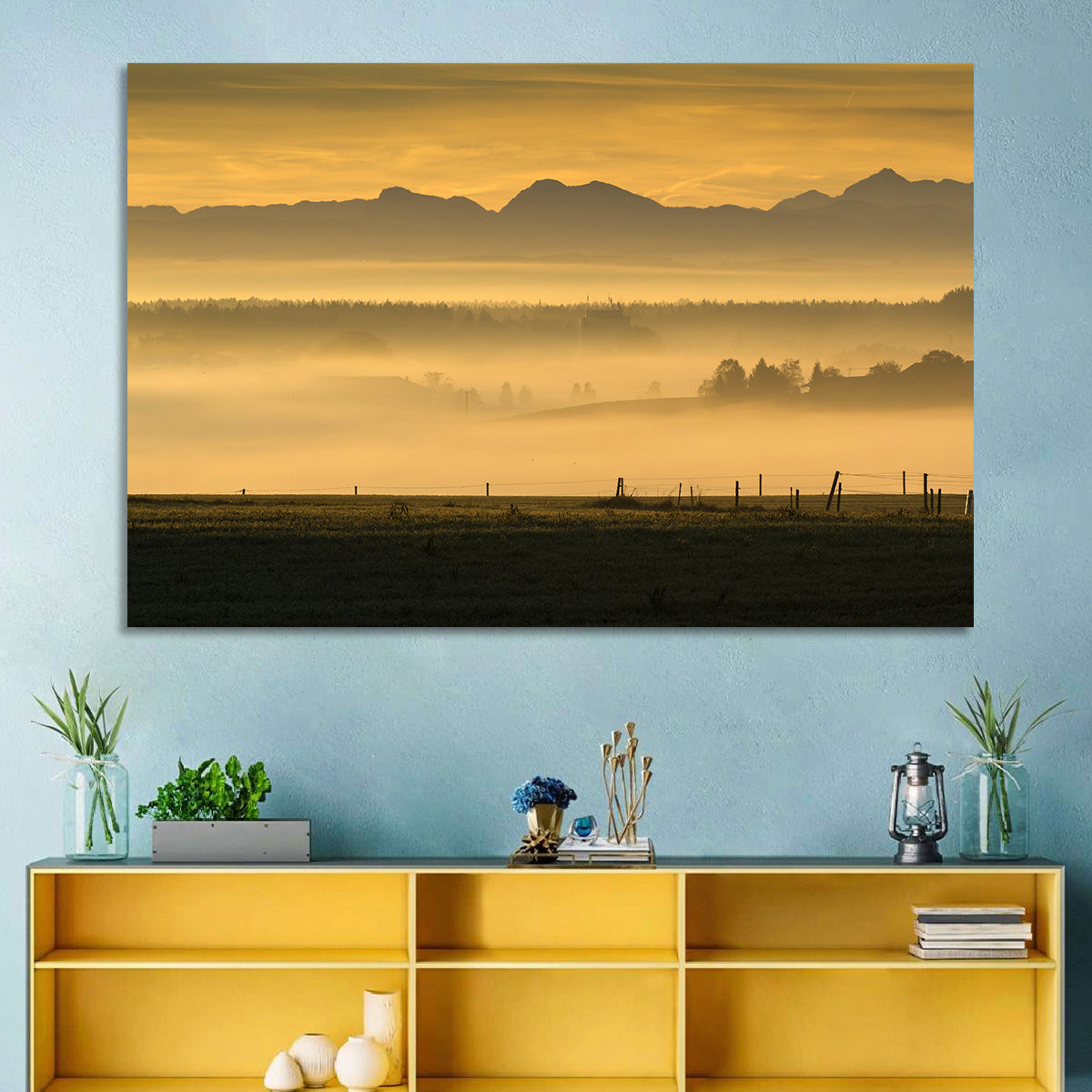 Bavarian Alps Morning Haze Wall Art in a room, landscape