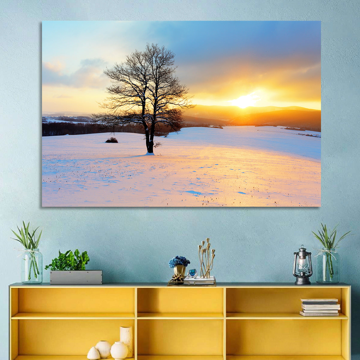 Snowy Winter Sunrise Wall Art in a room, landscape