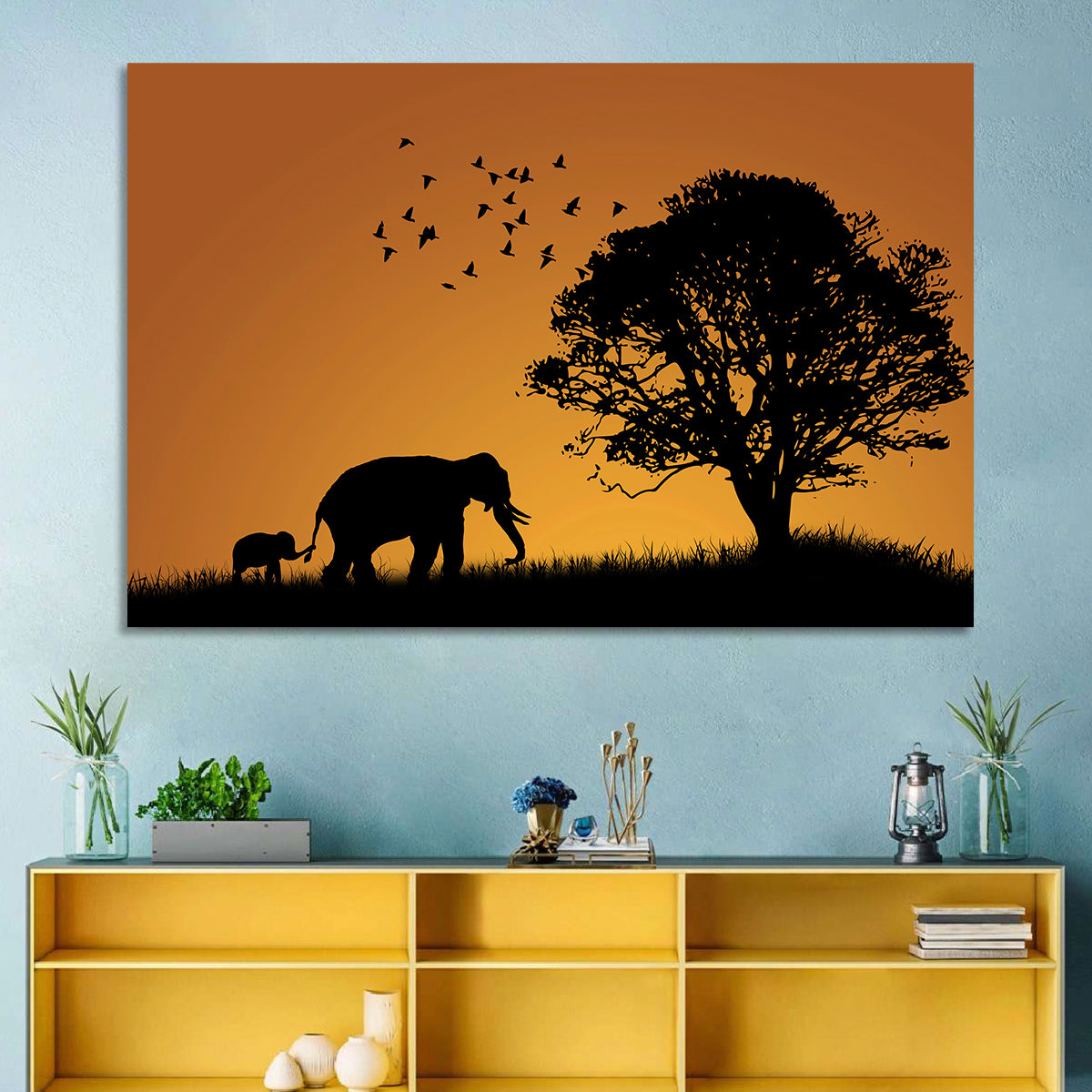 Elephant Family at Golden Sunset Wall Art in a room, landscape