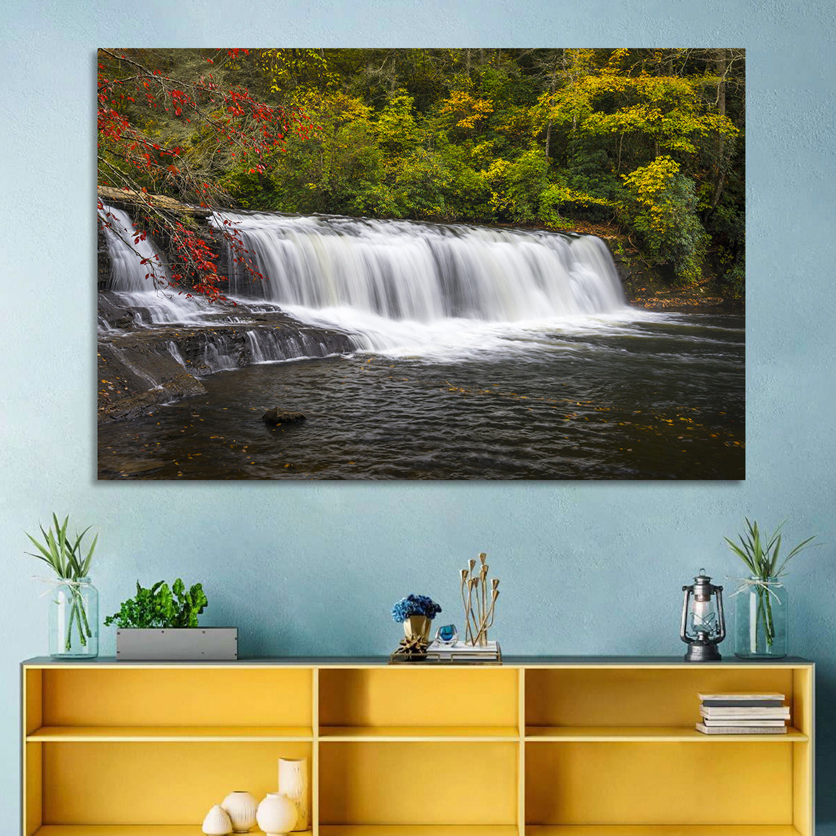 Dupont State Forest Autumn Waterfall Stream Wall Art in a room, landscape