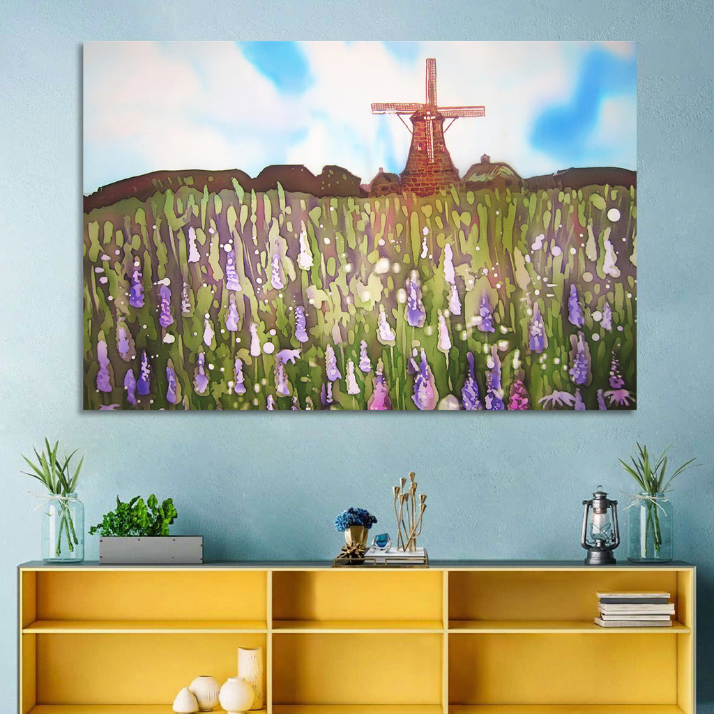 Ink Wash Windmill in Blooming Field Wall Art