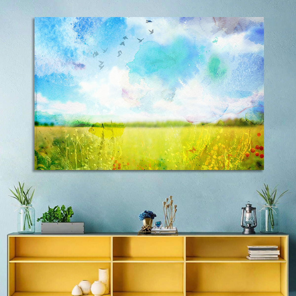 Watercolor Wildflower Field Wall Art in a room, landscape