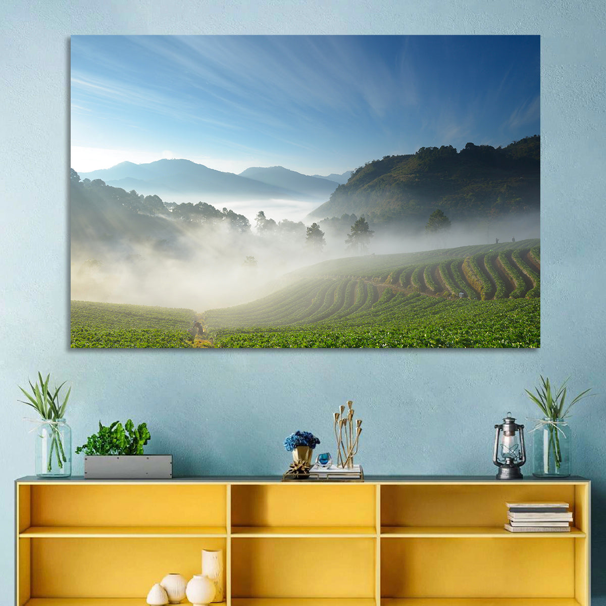 Sunlit Terraced Tea Hills Wall Art in a room, landscape