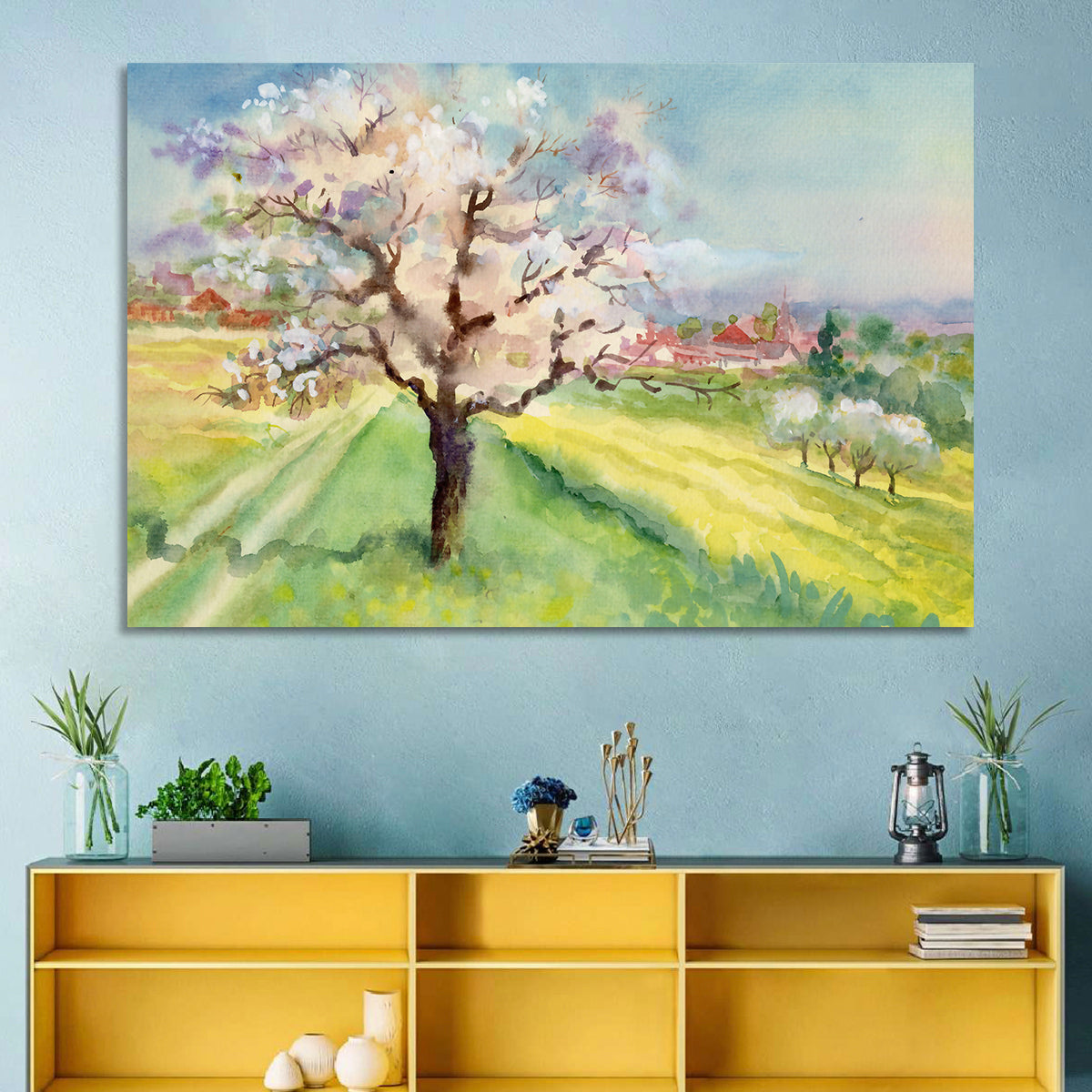 Spring Village Watercolor Wall Art in a room, landscape