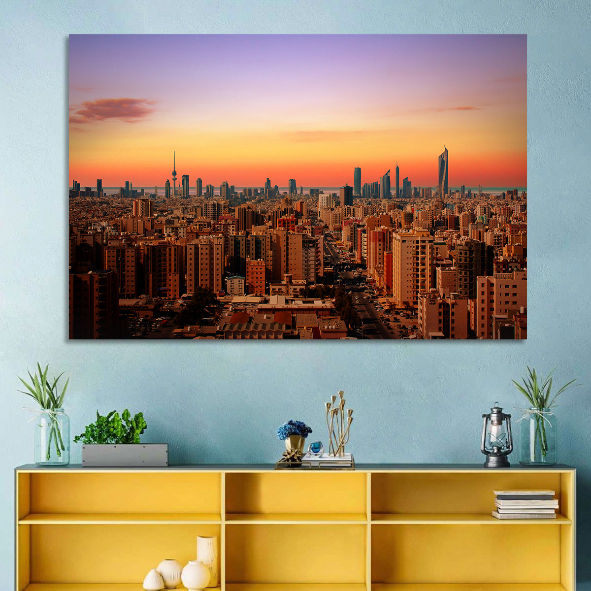 Kuwait City Skyline at Dusk Wall Art in a room, landscape