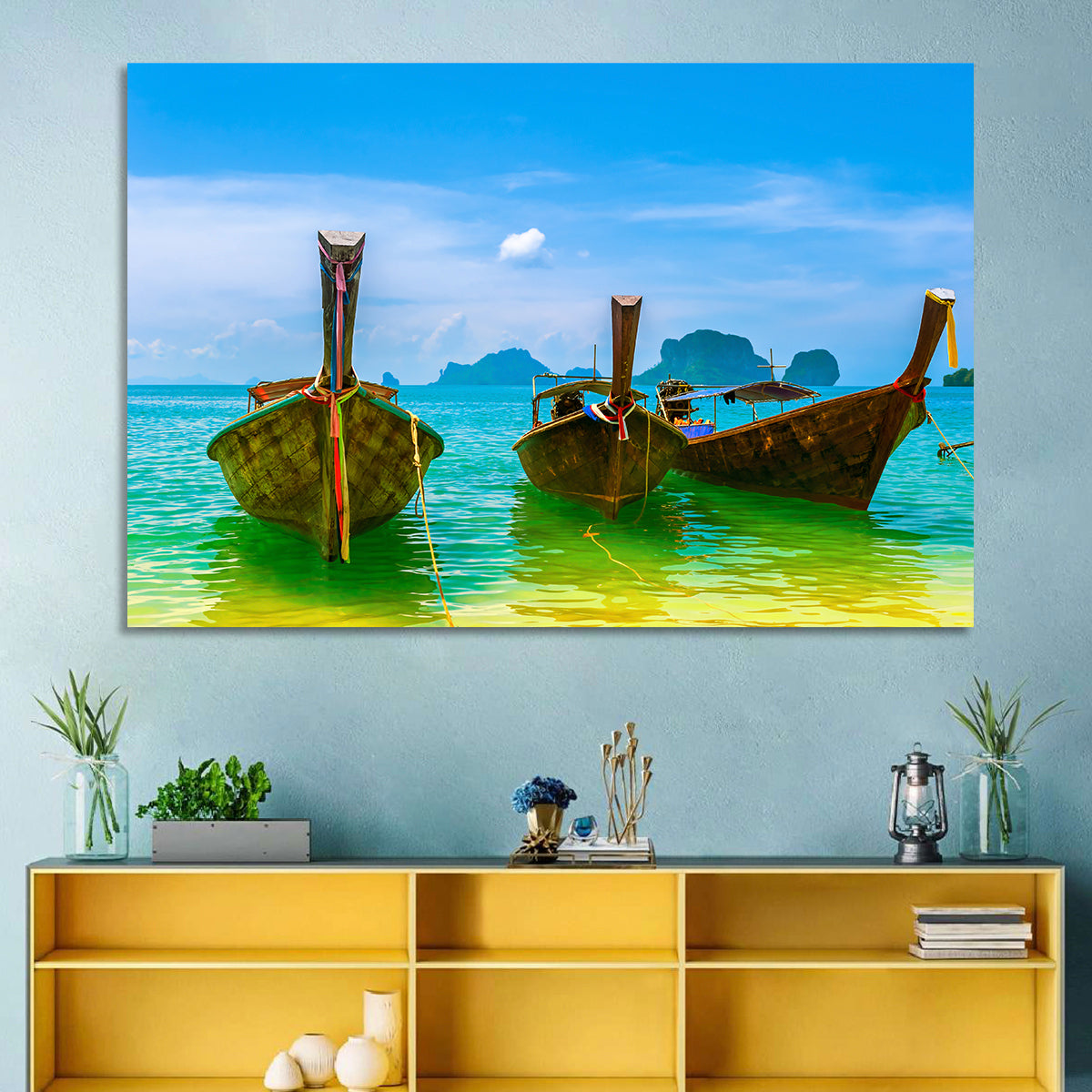Three Long-tail Boats on Turquoise Water Wall Art