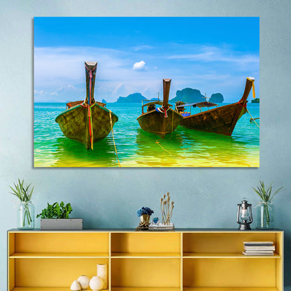 Three Long-tail Boats on Turquoise Water Wall Art