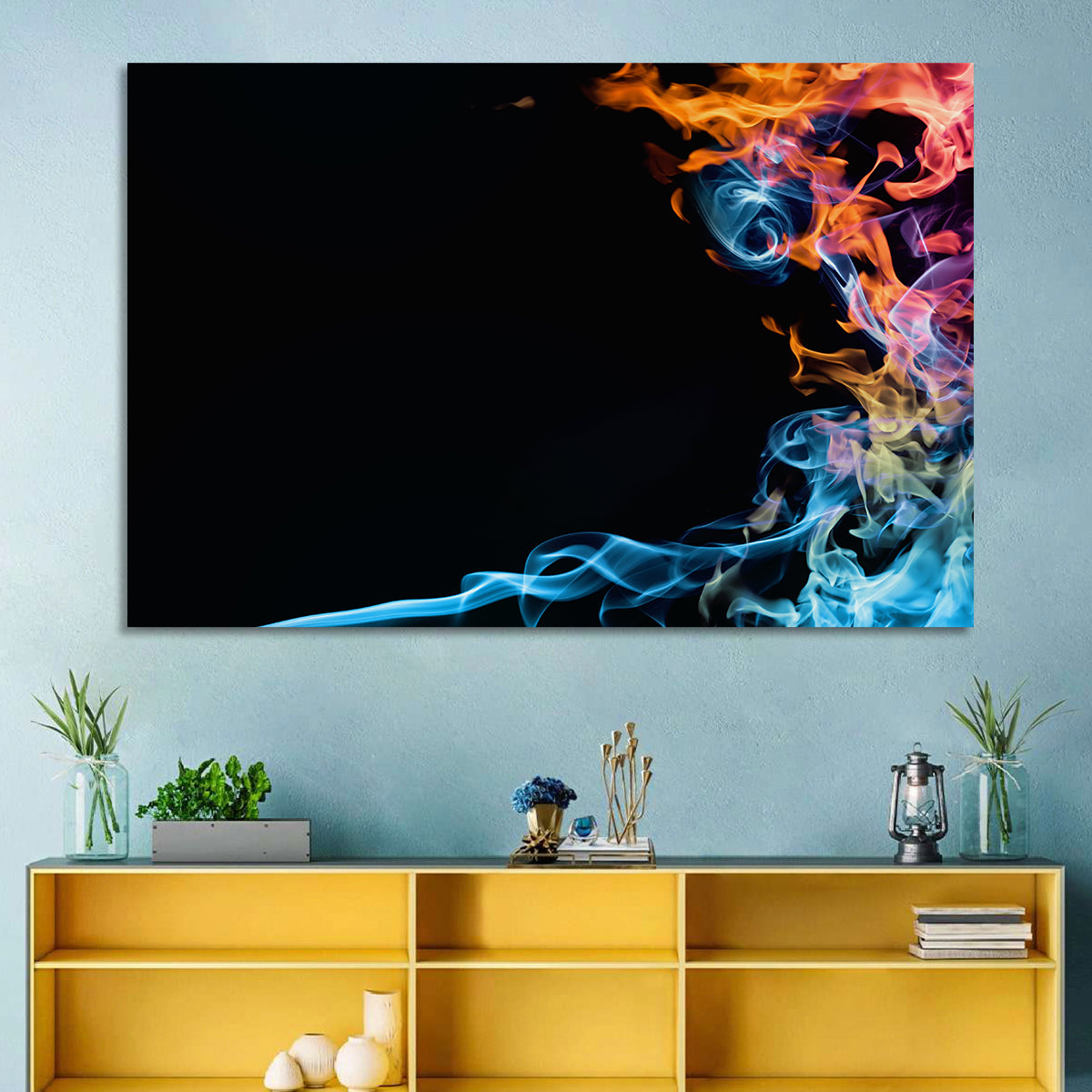 Glowing Flame Abstract Wall Art in a room, landscape