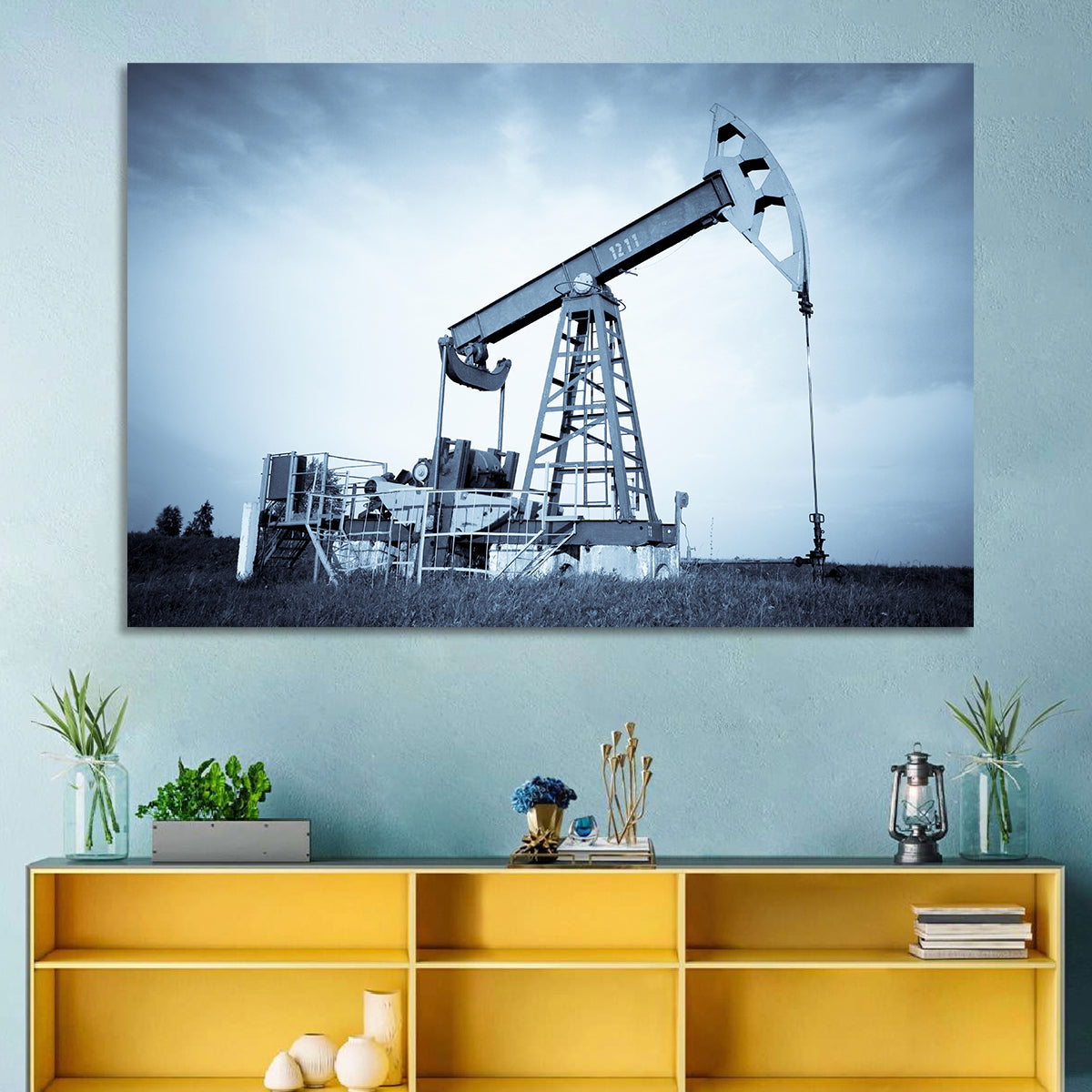 Oil Pump Jack 1211 Wall Art in a room, landscape