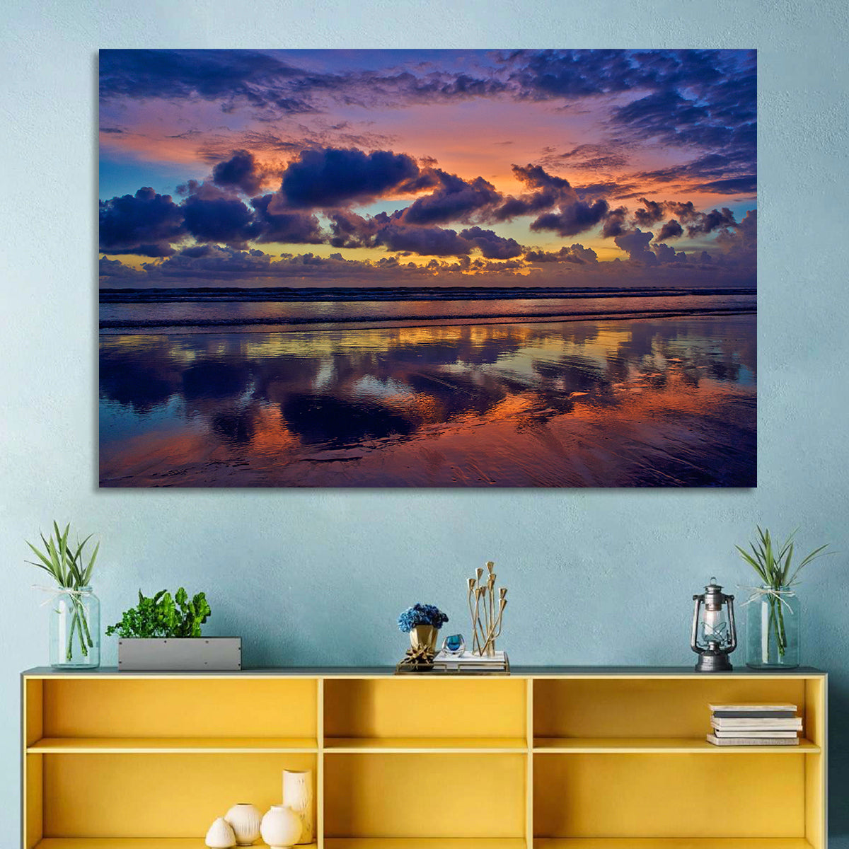 Dusk Beach Reflections Wall Art in a room, landscape