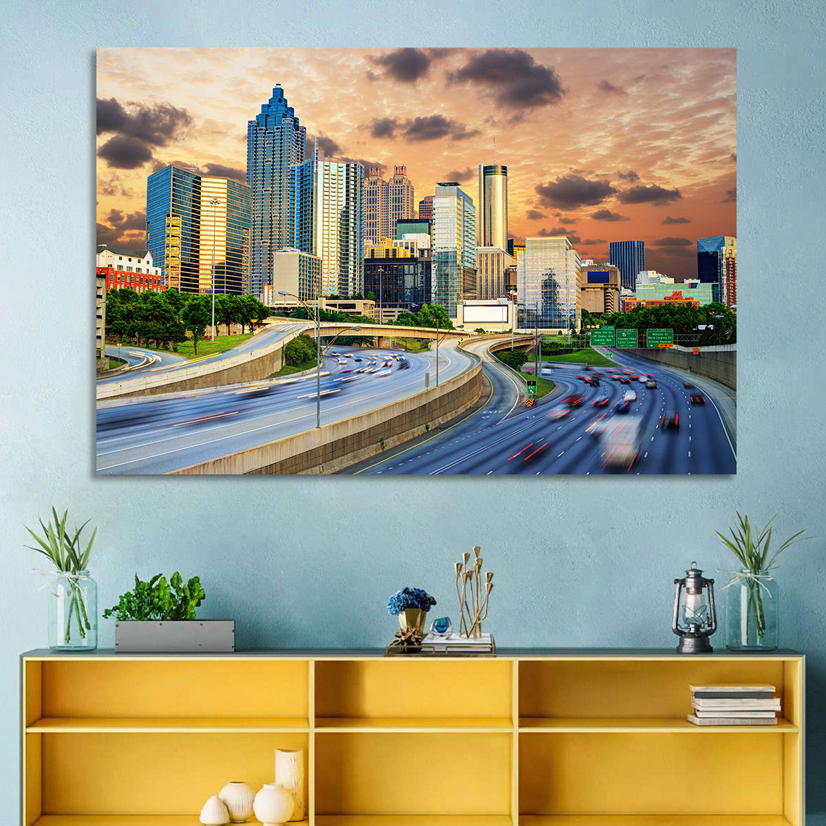 Atlanta Downtown Skyline Wall Art in a room, landscape