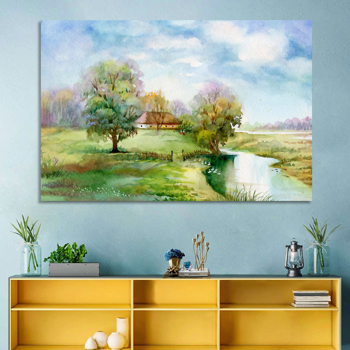 Spring Cottage by the Stream Wall Art in a room, landscape
