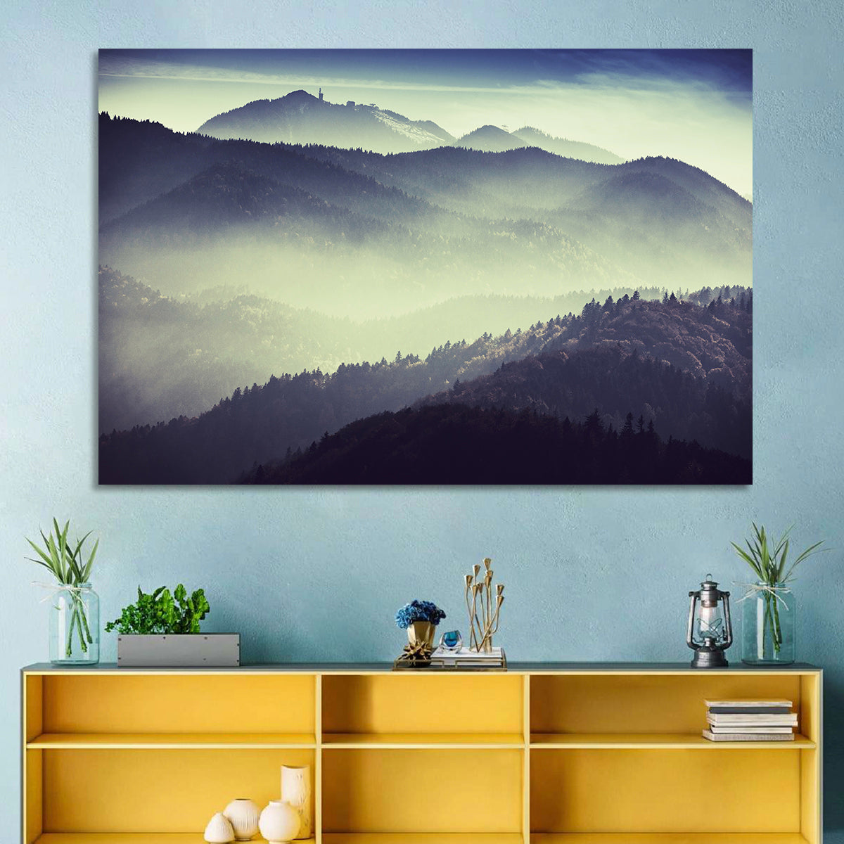 Foggy Forest Valley Wall Art in a room, landscape