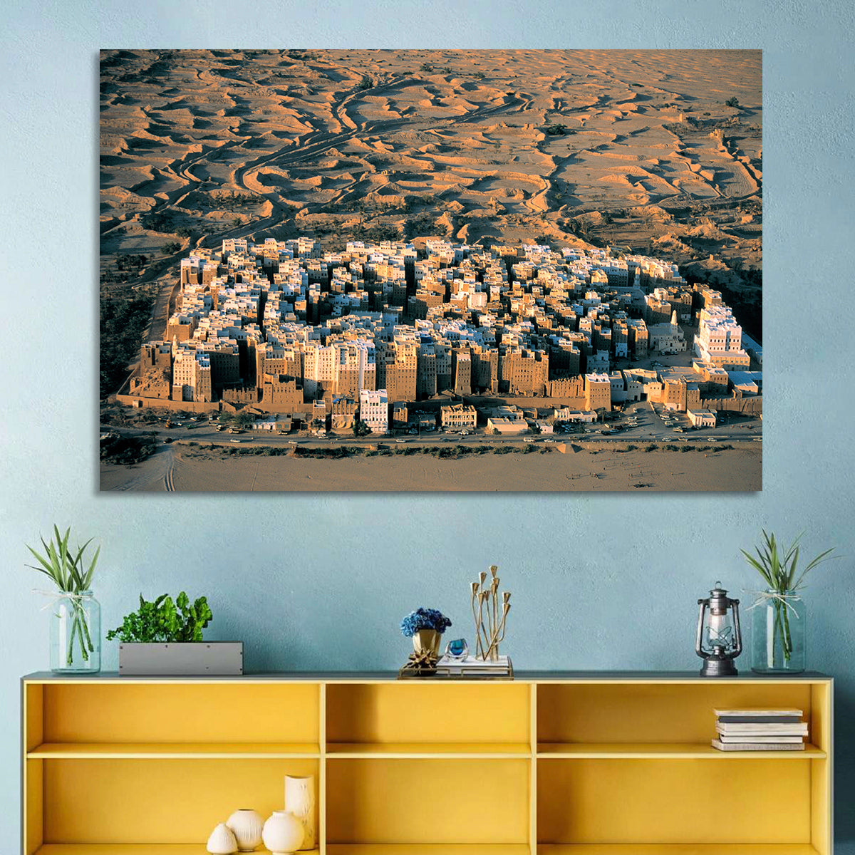 Shibam Mudbrick Cityscape Wall Art in a room, landscape