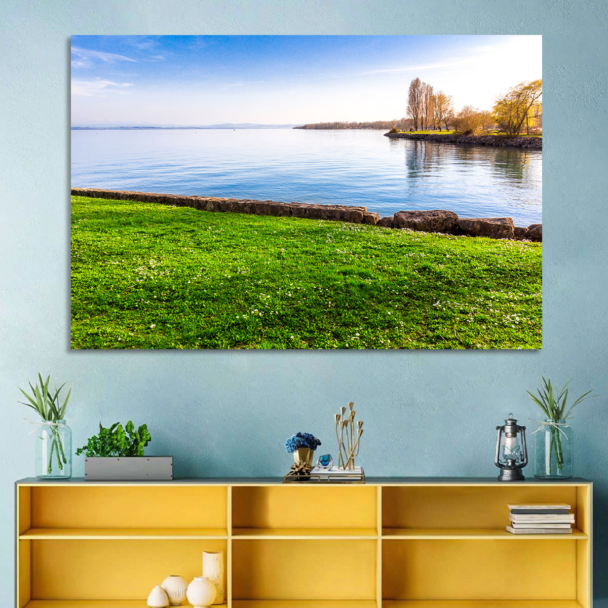 Lake Neuchatel Meadow Wall Art in a room, landscape