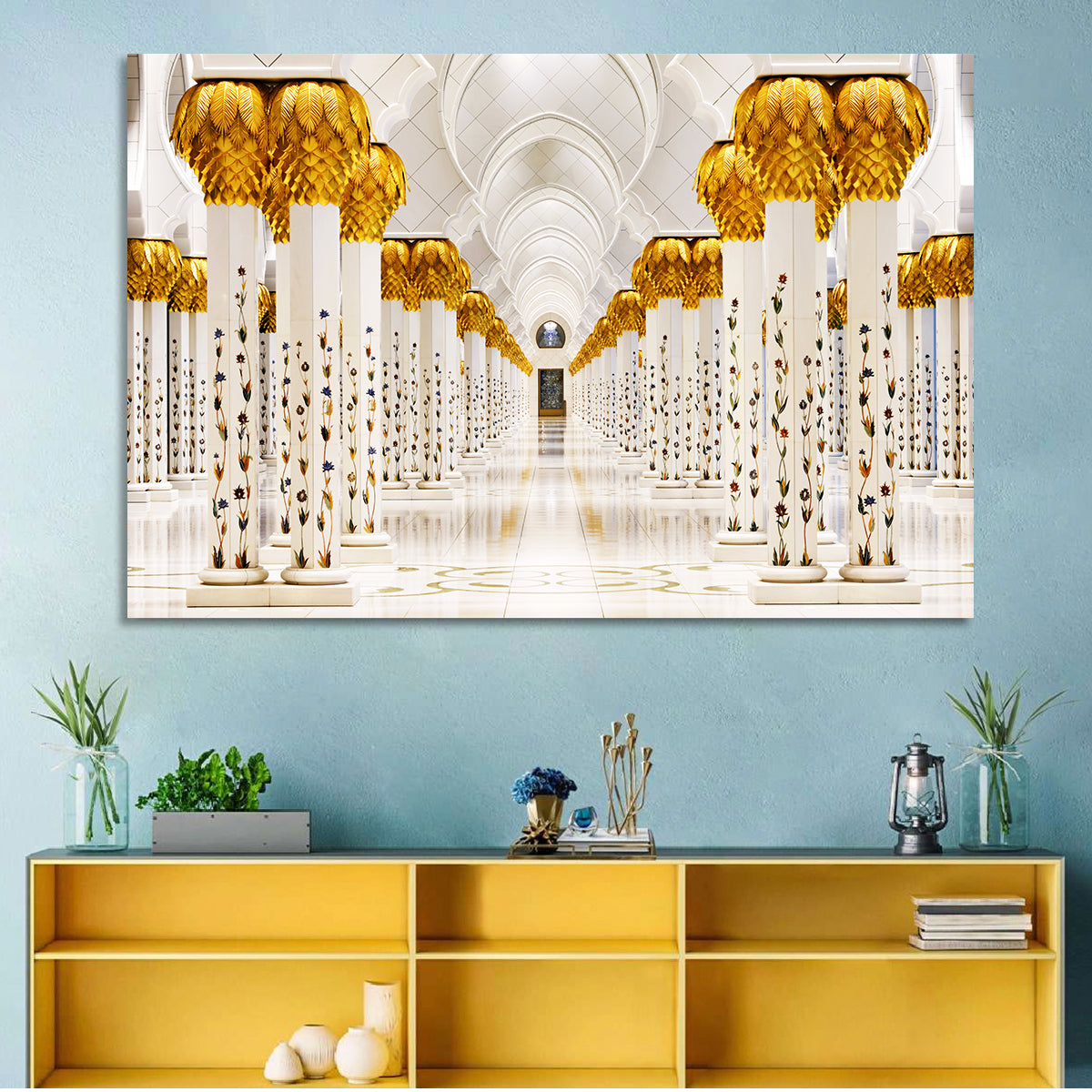 Sheikh Zayed Grand Mosque Colonnade Wall Art in a room, landscape
