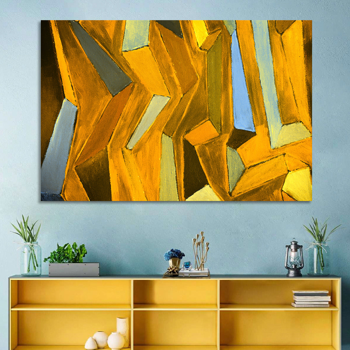 Golden Blocks Abstract Wall Art in a room, landscape