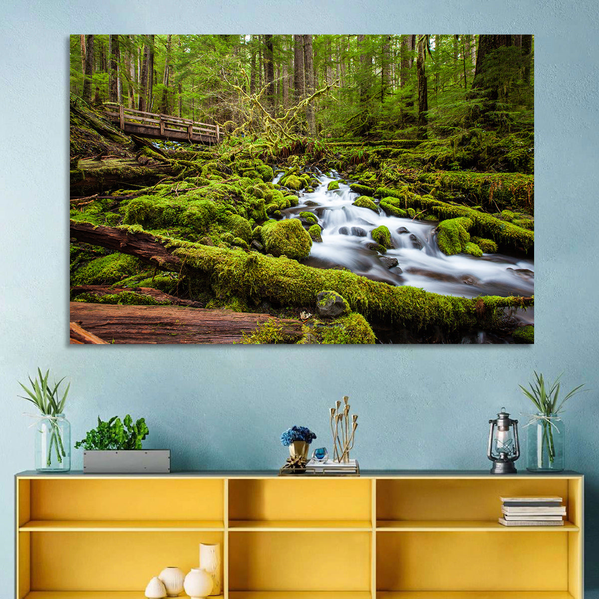 Mossy Cascade Forest Stream Wall Art in a room, landscape