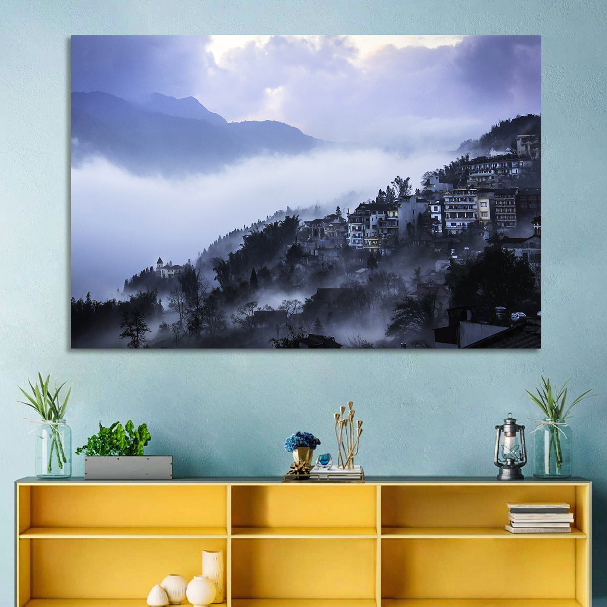 Misty Hillside Town Wall Art in a room, landscape