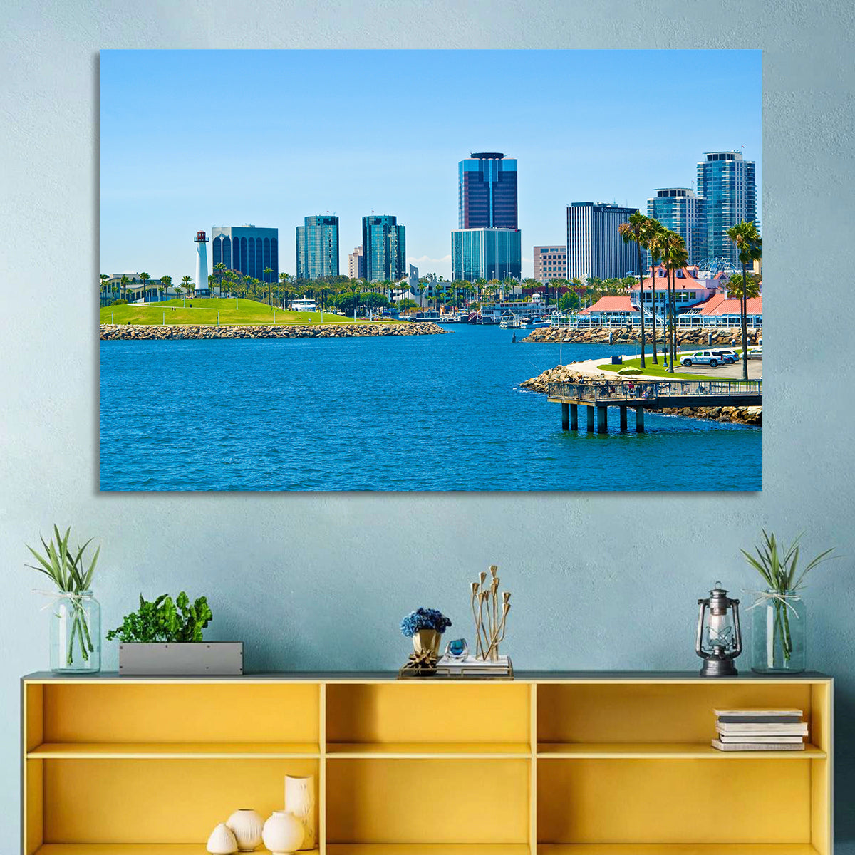 Long Beach Rainbow Harbor Skyline Wall Art in a room, landscape