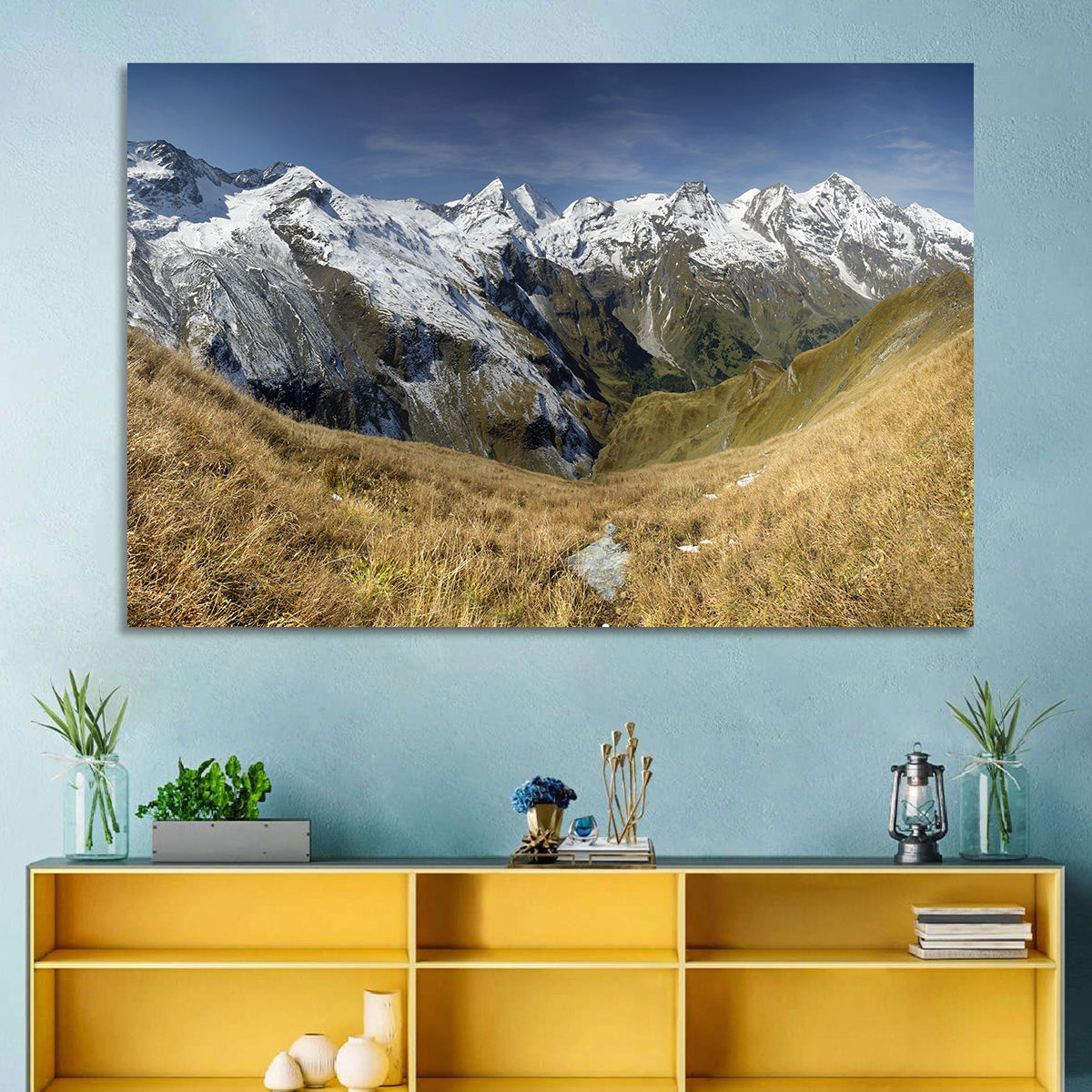 Crisp Alpine Valley with Snow-capped Peaks Wall Art in a room, landscape