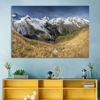 Crisp Alpine Valley with Snow-capped Peaks Wall Art