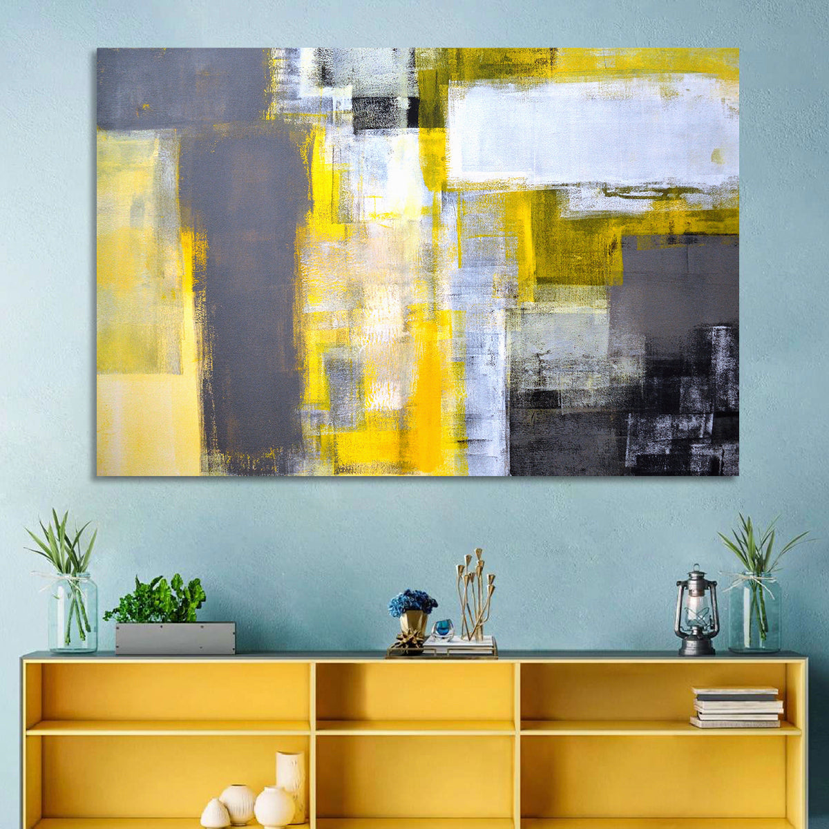 Yellow and Gray Color Block Abstract Wall Art in a room, landscape