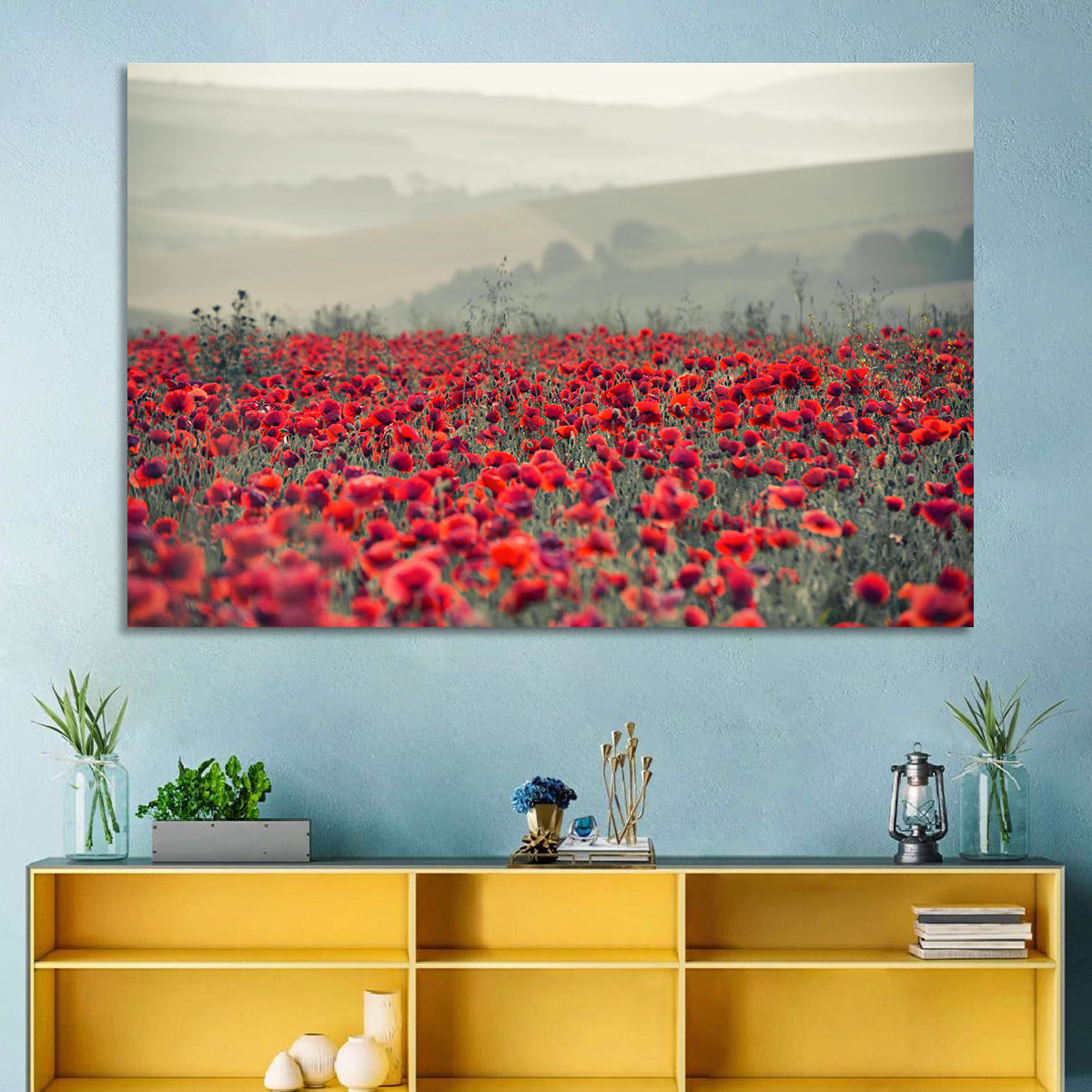 Red Poppy Field Wall Art in a room, landscape