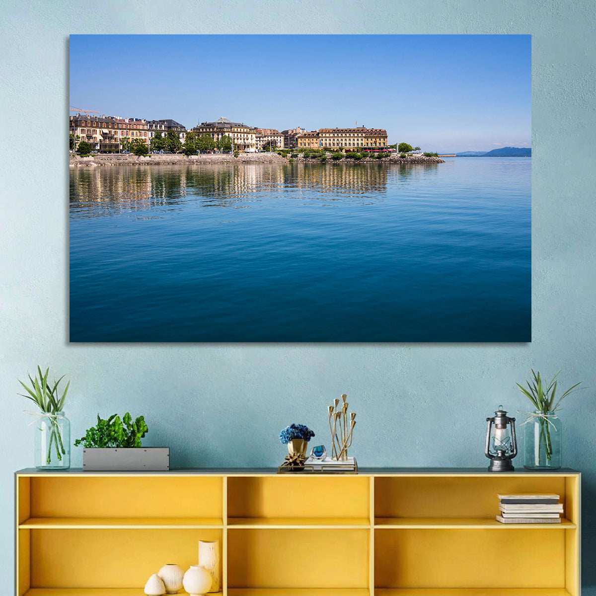 Tranquil Lake Neuchatel Wall Art in a room, landscape